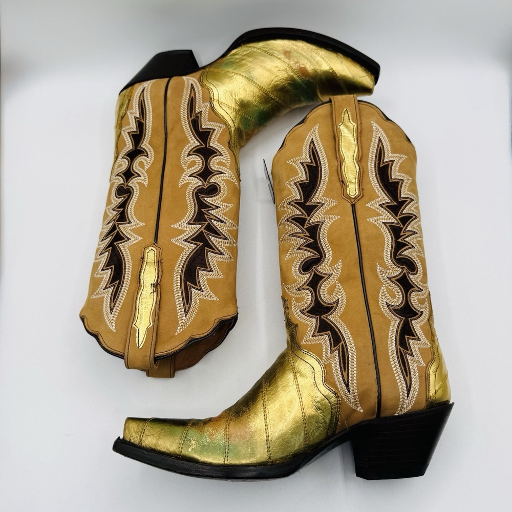 Dan Post Genuine Eel Exotic Boots Women's Size 9 Crackle Gold Metallic Leather - Picture 6 of 16